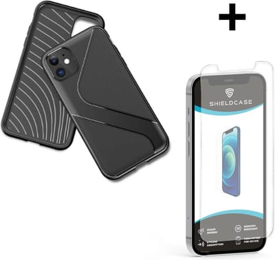 Shieldcase Gestreept siliconen hoesje geschikt voor Apple iPhone 12 / 12 Pro - 6.1 inch - zwart + glazen Screen Protector - Backcover shockproof case - Hoesje hard cover - Hardcover beschermhoesje - Screenprotector glas