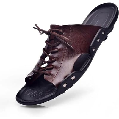 [Rundleer] Zomer Lederen Slippers Heren Sandalen Bovenkleding Antislip Slippers Koreaanse Casual Strand Schoenen Buiten Sandalen Veterslippers 38/39 black