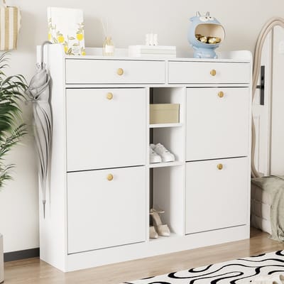 DESMIU Schoenenkast - Smal Design Met 4 Klepdeuren, 2 Lades En 3 Open Vakken - Voor Hal En Entree - Spaanplaat - 110x26x100 Cm - Wit