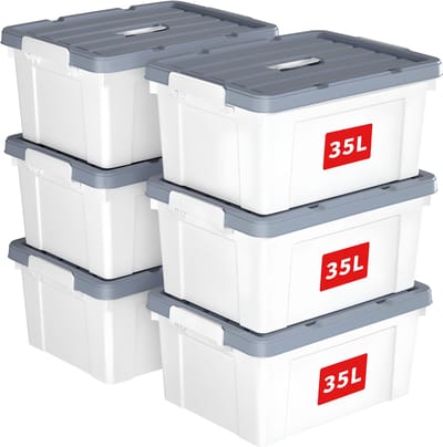 SP® Opbergbox - 6 Opbergdozen - Plastic Opbergdoos Met Deksel - Wit en Grijs - 51cm x 39cm x 25cm
