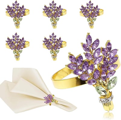 6x Luxe Servetringen met Lavendel en Strass Bloem - Tafeldecoratie voor Feestdagen en Bruiloft