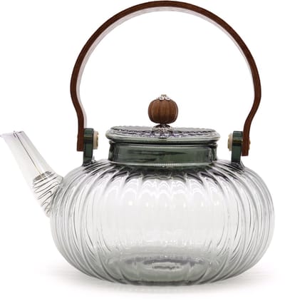 Glazen Infusie Theepot - Antraciet Geribbelde Parel - 950ml - Houten Handvat - 18x17x13cm