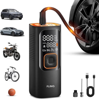 FlinQ Draagbare Compressor - Luchtcompressor - Elektrische Bandenpomp voor Fiets en Auto - Fietspomp USB-oplaadbaar - 12V