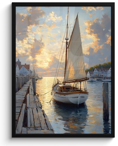Poster in lijst - Fotolijst 50x70 cm - Posters - Zeilboot - Zon - Pier - Hout - Posterlijst zwart - Decoratie - Wanddecoratie woonkamer - Muurdecoratie slaapkamer