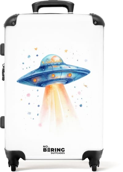 NoBoringSuitcases.com - Grote koffer - Blauwe ufo die opstijgd - Kinderkoffer geschikt voor jongen en meisjes - Reiskoffer met 4 wielen - Trolley op wieltjes - Rolkoffer groot kinderen - 72 liter - Ruimbagage valies 20kg