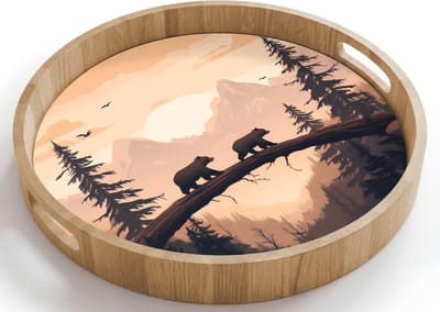 Dienblad rond 40x40 cm - Schootdienblad hout - Beren - Bomen - Landschap - Zonsondergang - Borrelplank rechthoek - Plateau houten dienbladen