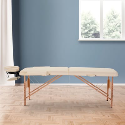 MEUNIQ inklapbare massagetafel 185 x 60 x 61-87 cm met verstelbare hoofdsteun, armleuningen en draagtas, hoogteverstelbare massageliege voor salon, studio en thuis, crèmewit