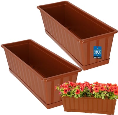 KOTARBAU® 2 st Balkonbak, Bloembak voor Balkon, Kunststof, 50 x 18 x 14 cm, Plantenbak, Terracotta, Plantenbak Balkon, met Schotel, Rechthoekig