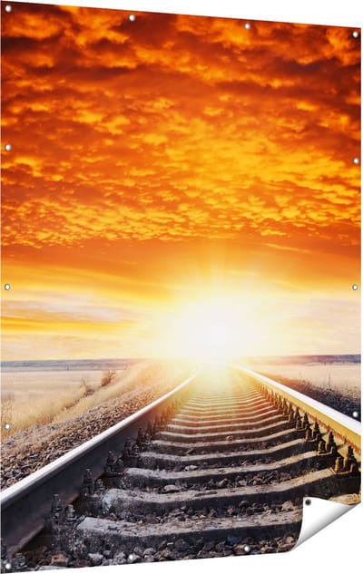 Gards Tuinposter Rails Spoorweg bij Zonsondergang - 120x160 cm - Tuindoek - Tuindecoratie - Wanddecoratie buiten - Tuinschilderij