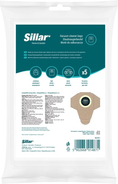 Sillar, stofzuigerzakken, synthetisch, van microvezel, 3 filterlagen, vervanging, geschikt voor stofzuigers Parkside PWD PNTS 1300 1400 PWS, Dexter, Lavor, 5 stuks