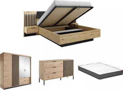 Vente-unique Set bed met opbergruimte en nachtkastjes 160 x 200 cm + matras + ladekast + kast - Kleur: naturel en zwart - ARIADA