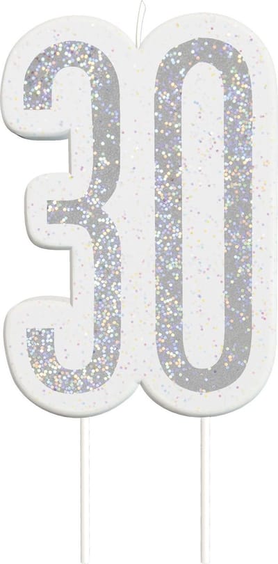 Kaars 30 Jaar Glitter Zilver 8,5cm