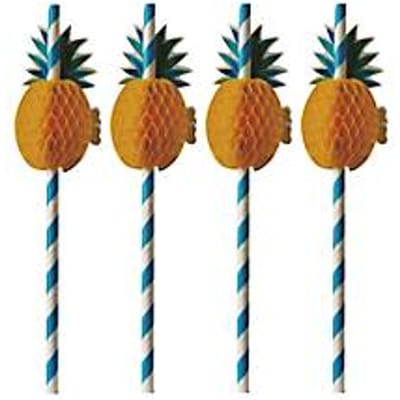 Drinkrietjes Papstar Ananas, wegwerp, L 200 x Ø 6 mm, van FSC®-gecertificeerd papier met 3-D ananas, blauw-wit, 50 stuks.