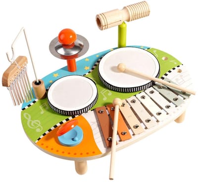 6-In-1 Houten Kinderdrumstel, Muziektafel Met Xylofoon En Windgong, Montessori Percussie Speelgoed Voor Baby'S Vanaf 1 Jaar, Leuk Cadeau