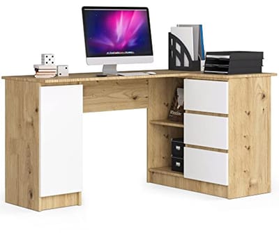 Hoekbureau met 3 Laden en 2 Planken voor Thuiswerkplek – Compact en Duurzaam – Afmetingen B155 x H77 x D85 cm