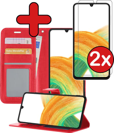 Hoesje - Met 2x Screenprotector - Geschikt voor Samsung Galaxy A33 - Luxe Pasjeshouder - Flip Case - Bookcase Portemonee - Kunstleer Book Case - Flipcase Hoes - Book Cover - Walletcase - Portemonneehoes - Telefoonhoes - Rood