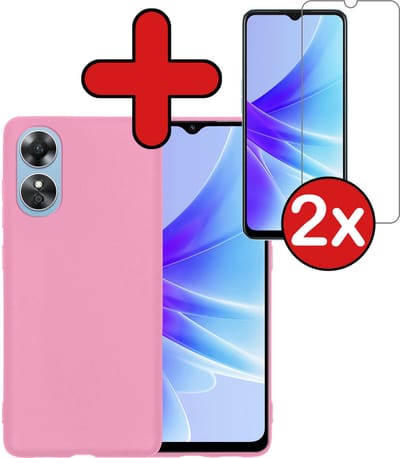 Hoesje - Met 2x Screenprotector - Geschikt voor OPPO A17 - Sterk & Shockproof - Telefoon Hoes - Back Cover - Siliconen Case - Telefoonhoes - Lichtroze