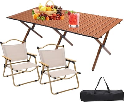 Picknicktafel Uitklapbaar - Campingtafel Rolbaar - Buiten Eten - Aluminium Constructie - 120x59cm - Bruin