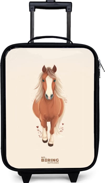 NoBoringSuitcases.com® - Kinderkoffer jongen - Kindertrolley meisje - Bruin paard in gallop - Koffer kind lichtgewicht - Reiskoffer trolley voor kinderen - Koffertje met lichtgevende wieltjes - Rolkoffer zwart
