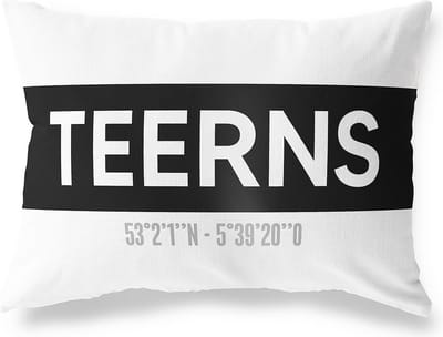 Tuinkussen TEERNS - FRIESLAND met coördinaten - Buitenkussen - Bootkussen - Weerbestendig - Jouw Plaats - Studio216 - Modern - Zwart-Wit - 50x30cm