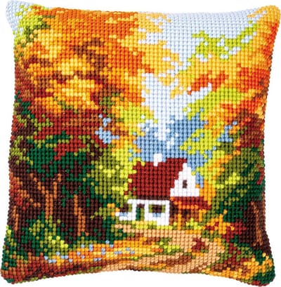 Vervaco - Kruissteekkussen kit - Huisje in herfstbos - PN-0146247 - Borduren - Borduurpakket - Borduurpakket volwassenen - Borduurpakket kind
