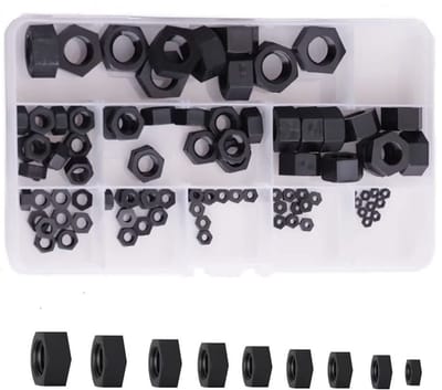 Assortiment van 90 Stuks Zwarte Nylon Hex Moeren voor M2 tot M12 - Duurzaam en Lichtgewicht voor Diverse Toepassingen