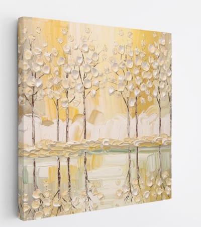 Saammp Canvas Schilderij - Abstract bos - Goud - Wit - Landschap - Natuur - 20x20 - Foto op canvas - Wanddecoratie - Muurdecoratie Woonkamer - Slaapkamer decoratie - Canvas Print