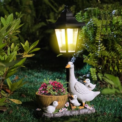 Beelden met zonne-lamp, eendbeeldjes tuin kunst sculpturen bloempot buitendecoratie voor patio tuin gazon veranda tuin ornamenten, Moederdag verjaardag housewarming geschenken