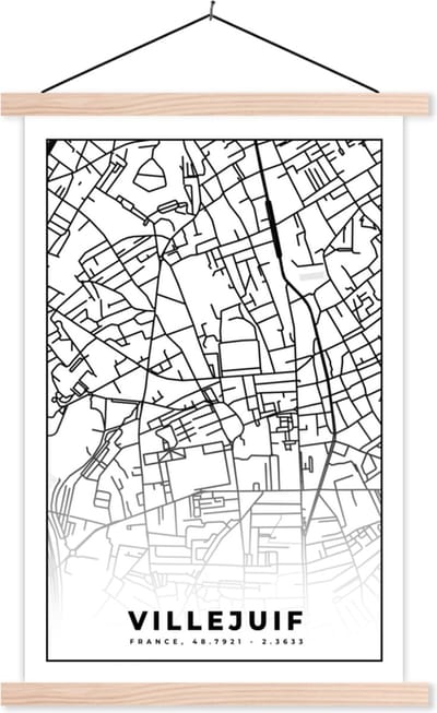 Posterhanger incl. Poster 40x60 cm - Schoolplaat - Stadskaart - Frankrijk - Villejuif - Kaart - Plattegrond - Zwart wit - Textielposter - Blanke latten - Stadskaart