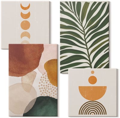 Wallfluent Set van canvas schilderijen - Abstracte vormen in warme kleuren en bladeren Canvas Schilderijen Set - Set van 4 Canvas Schilderijen - Bruin Set van Canvas Prints - Abstractie Canvas Kunst Set - Boheemse Canvas Kunst Set