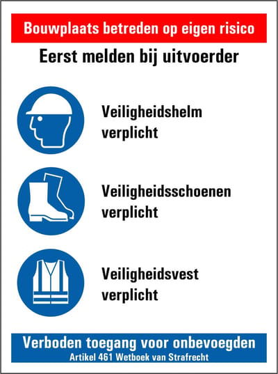 Bouwplaats sticker eerst melden bij uitvoerder 200 x 150 mm
