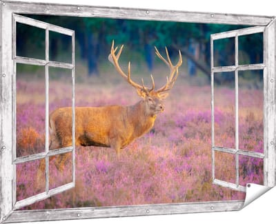 Gards Tuinposter Doorkijk Hert in de Weide tijdens Zonsondergang - 180x120 cm - Tuindoek - Tuindecoratie - Wanddecoratie buiten - Tuinschilderij