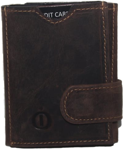 Oi Hunter bruine creditcardhouder 3-luik zeer klein met ruimte voor biljetten / leren pasjeshouder met ruimte voor papiergeld met magneetsluiting / compact Trifold beursjes zonder muntvak / RFID SAFE / bruin leer / 370H