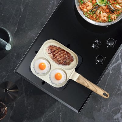 Eierpan met Antiaanbaklaag - Omeletpan Hamburgerpan - Ontbijt Bereiden - Drie Compartimenten - 205 cm Breed - Crèmekleurig