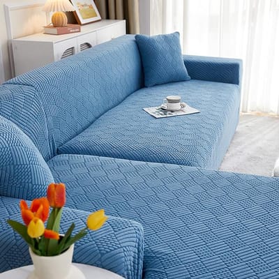 Jacquard effen kleur bankhoezen stofdicht stretch L-vormige hoekbank hoes voor woonkamer kantoor afneembare bankhoezen 2 seater (145-185cm) hemelsblauwe kleur