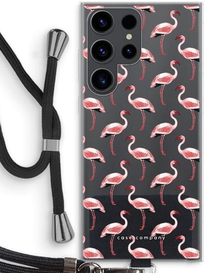 Case Company® - Hoesje met koord geschikt voor Samsung Galaxy S23 Ultra hoesje met Koord - Flamingo - Telefoonhoesje met Zwart Koord - Bescherming aan alle Kanten en Over de Schermrand