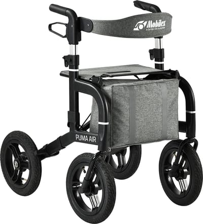 Zwart met grijze Rollator met Luchtbanden – Mobilex Puma AIR – Lichtgewicht & Opvouwbaar – Comfortabel voor Buiten & Binnen – 150 kg
