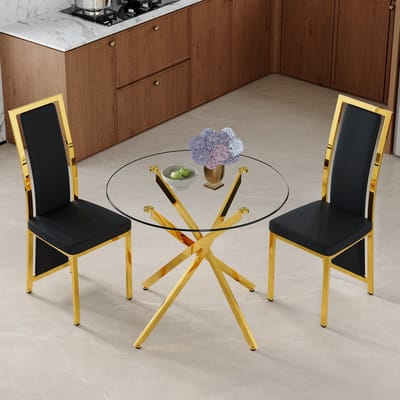 MODENUIT Eettafelset 88 cm - Ovale Glazen Tafel Met 2 Stoelen - Voor Eetkamer En Keuken - Glas Metaal PU - Zwart Goud