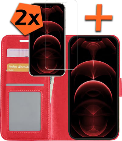 Hoes - Met 2x Screenprotector - Geschikt voor Apple iPhone 13 Mini - Luxe Pasjeshouder - Bookcase Portemonee - Flip Case - Kunstleer Book Case - Flipcase Hoes - Book Cover - Walletcase - PortemonneeHoes - Rood