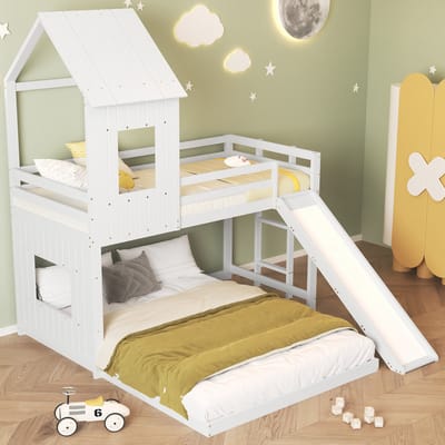 Sweiko Babybedje met glijbaan, Familiebedje, 90x200cm en 140x200cm,Babybedje, met anti-val grille, raam en dak, met drie niveaus ladder, denne+MDF, Wit