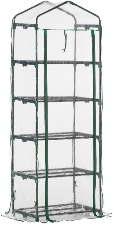 Mini Kas met Roldeur - Tuinkas - 5 etages - Foliekas - Broeikas - Koude Bak - Kweekkas - Tomatenkas - Groentekas - Plantenkas - voor Groenten, Bloemen, Planten - 69 x 49 x 193 cm - Transparant & Groen