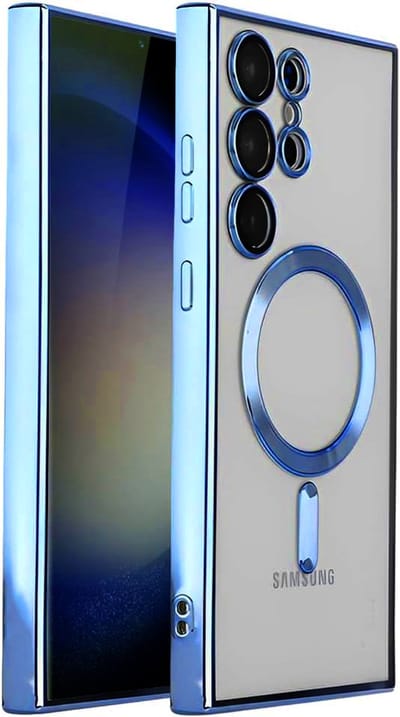 oTronica Hoesje aanstellen voor Samsung Galaxy S22 Ultra met Magnetisch Ring en Camera Lensbeschermer - backcover – Transparant/Bluaw
