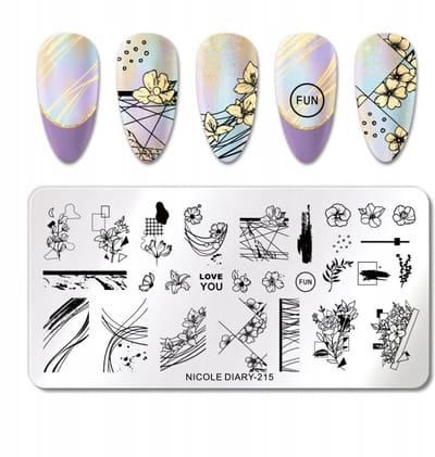 Frezarkowo Nicole Diary - Stempelplaat voor Nageldecoratie - Bloemen - Geometrisch - 12x6 cm