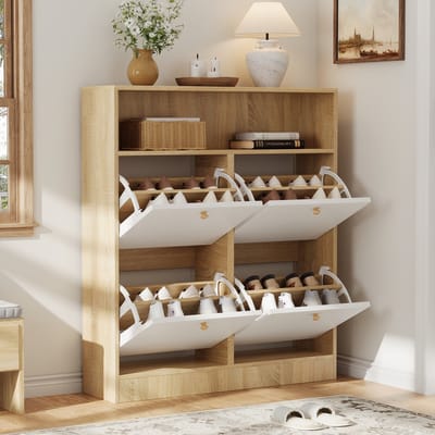 Schoenenkast - 90 x 24 x 104.5 cm - Schoenenkipper met 4 Kleppen - Ruimtebesparend - Hout - Wit