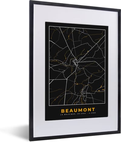Fotolijst incl. Poster - Black & gold - Stadskaart - Beaumont - Plattegrond - Kaart - 30x40 cm - Posterlijst