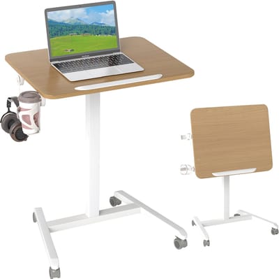 COSTWAY Bijzettafel in hoogte verstelbaar met wieltjes, verzorgingstafel met 90° kantelbaar tafelblad, haak en bekerhouder, bedtafel voor ziekenbed, laptoptafel voor woonkamer, slaapkamer