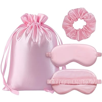 Roze reismasker 3 delige set dames en heren – verstelbaar slaapmasker met scrunchie en opbergzakje – lichtgewicht ademend oogmasker voor reizen, slapen en ontspanning