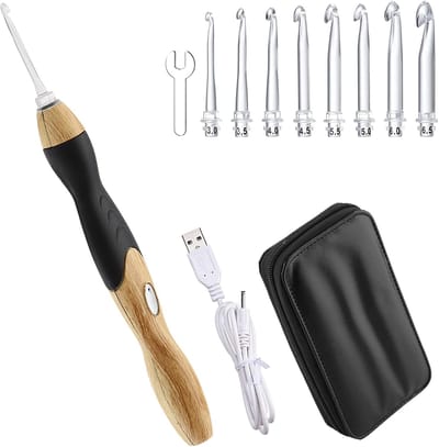 Haaknaalden, 9-in-1, USB-oplaadbaar, verlichting, haaknaalden, ergonomisch, imitatie-houten handvat, haaknaalden, handbreien, gereedschap, 2,5 mm-6,5 mm, met koffer