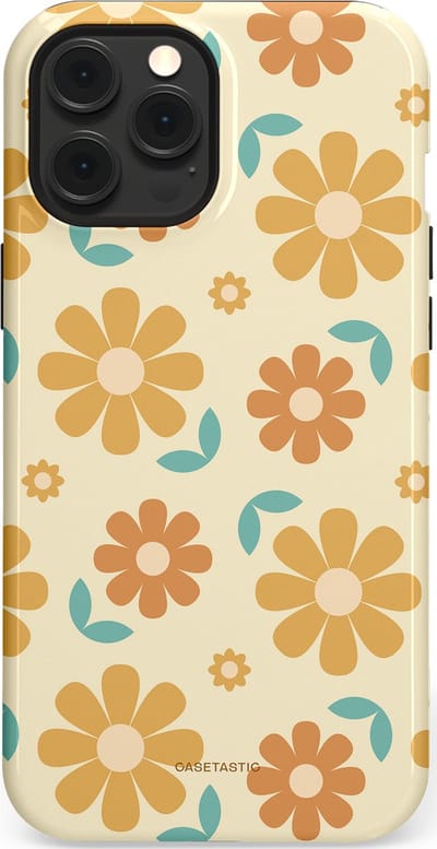 Casetastic hoesje geschikt voor Apple iPhone 12 Pro Max - MagSafe - Dubbellaagse bescherming - Flower power Retro Bloemen - Geel - Oranje - Blauw - Fashion Case - Crème Goud Perzik
