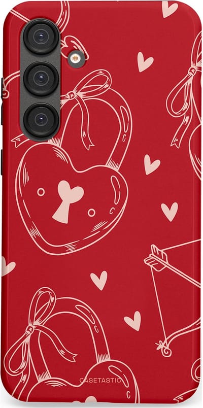 Casetastic Hoesje Geschikt voor Samsung S25 Plus - Stijlvolle Beschermende Duo-layer Case - Hartendief - Liefdes Slotjes - Valentijn - Valentine - Love - Rood Wit
